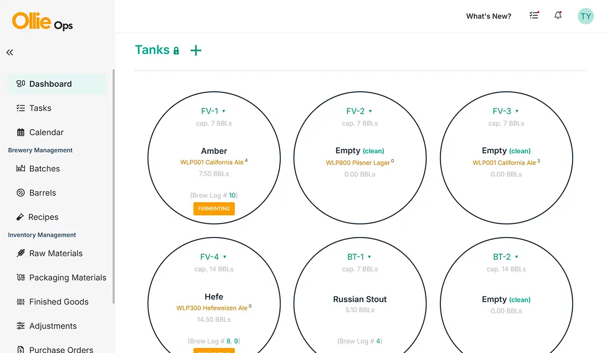 Screenshot of Ollie dashboard, tank overview
