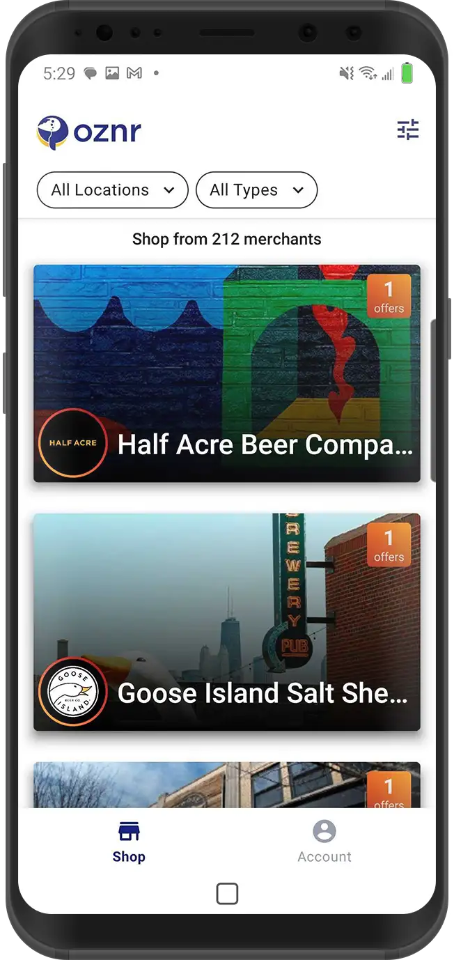 Oznr merchant browsing screen