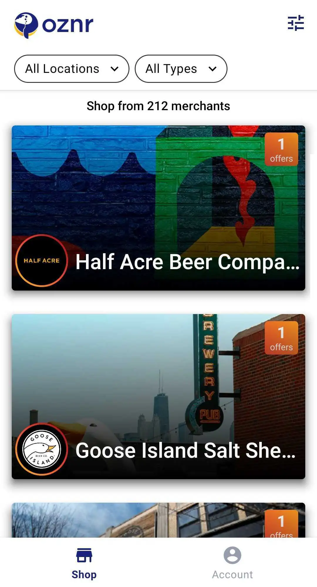 Oznr merchant browsing screen