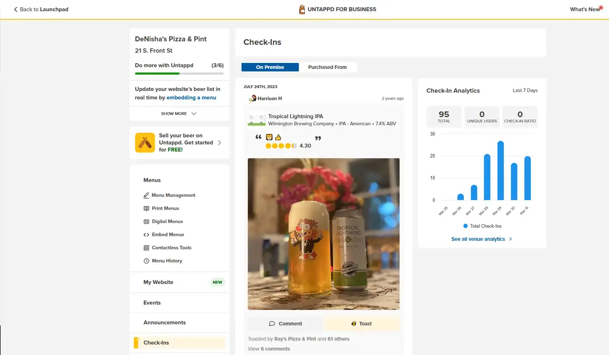 Screenshot of the Untappd for Business activity feed