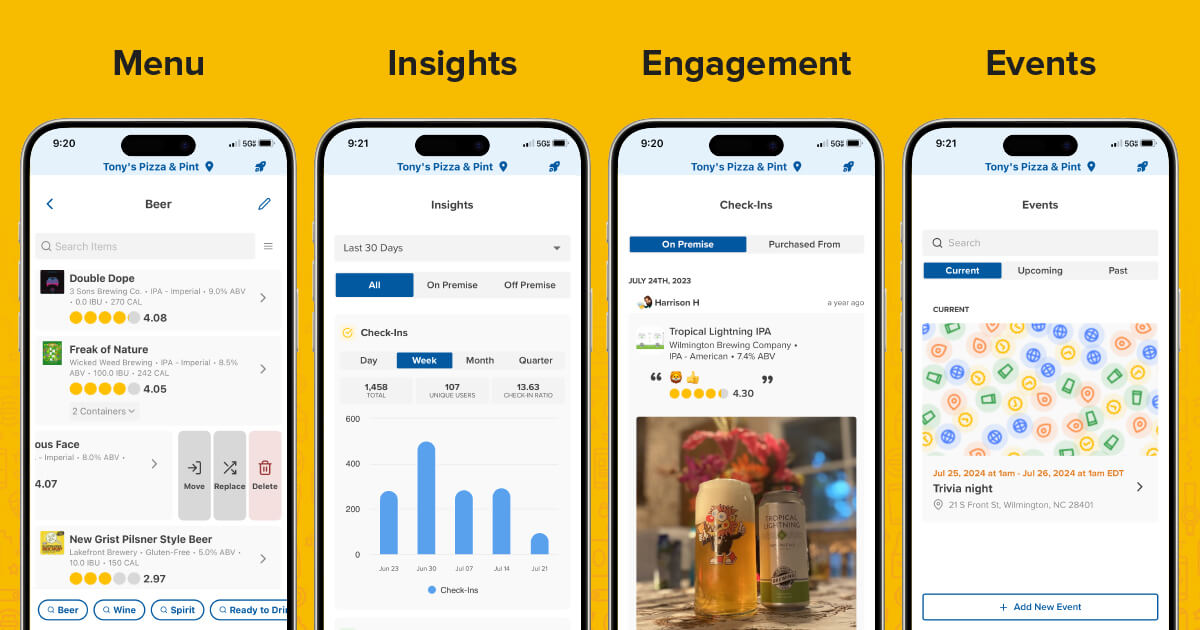 A collection of in-app screenshots for the new Untappd For Business mobile app release