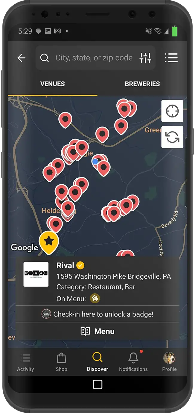 The map view on the Untappd app