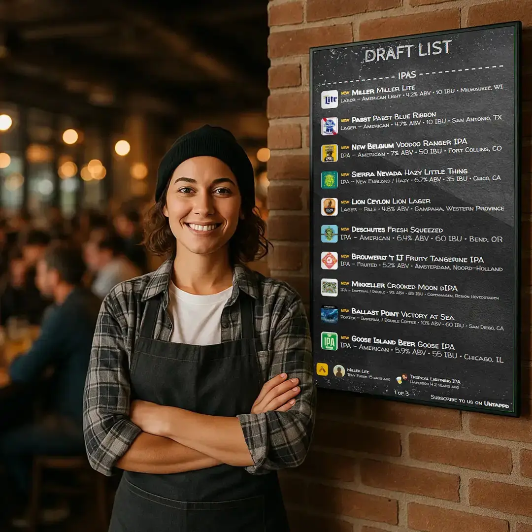A person standing next to a digital menu from Untappd for Business